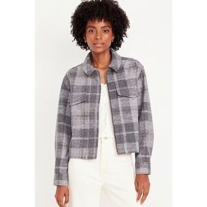 Old Navy Flannel Jacket Women XL Gray Plaid Shacket Cropped Oversized Minimalist